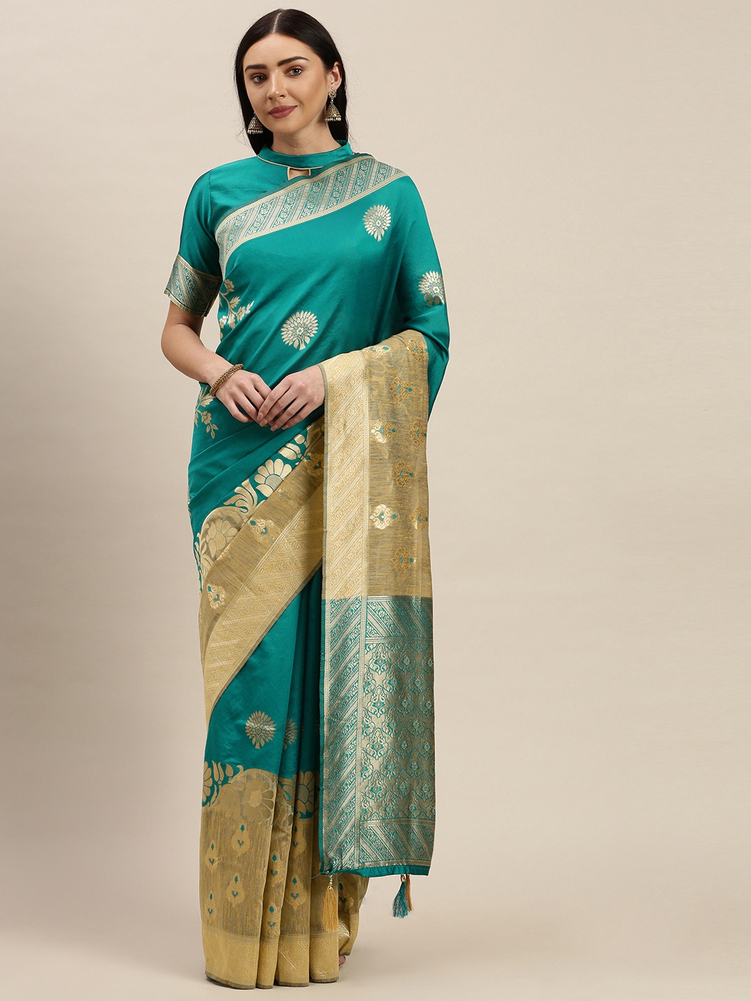 

Mitera Teal & Gold-Toned Woven Design Maheshwari Saree