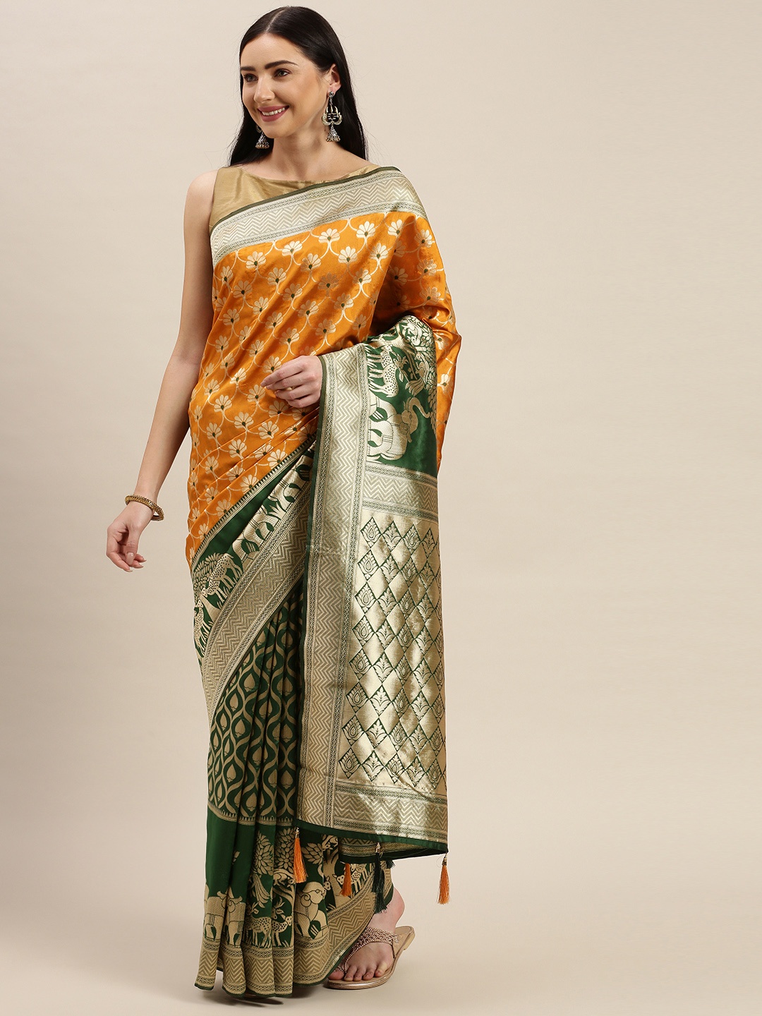 

Mitera Orange & Gold-Toned Silk Cotton Woven Design Maheshwari Saree