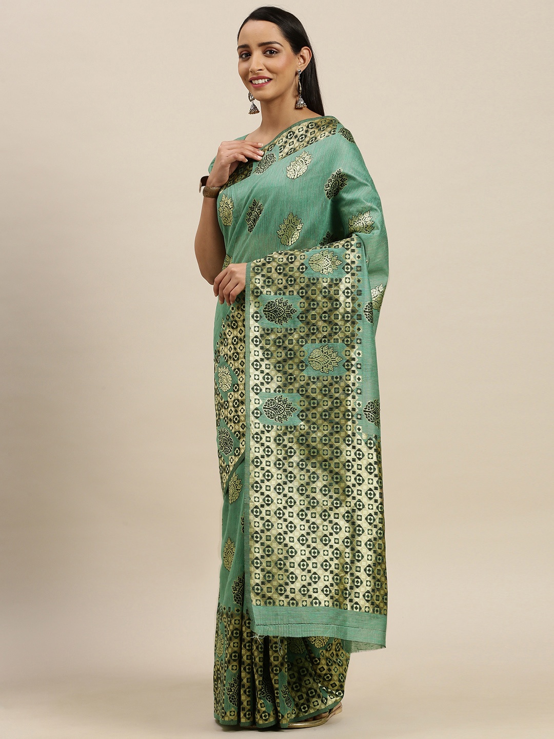 

Mitera Teal Green Silk Cotton Woven Design Maheshwari Saree