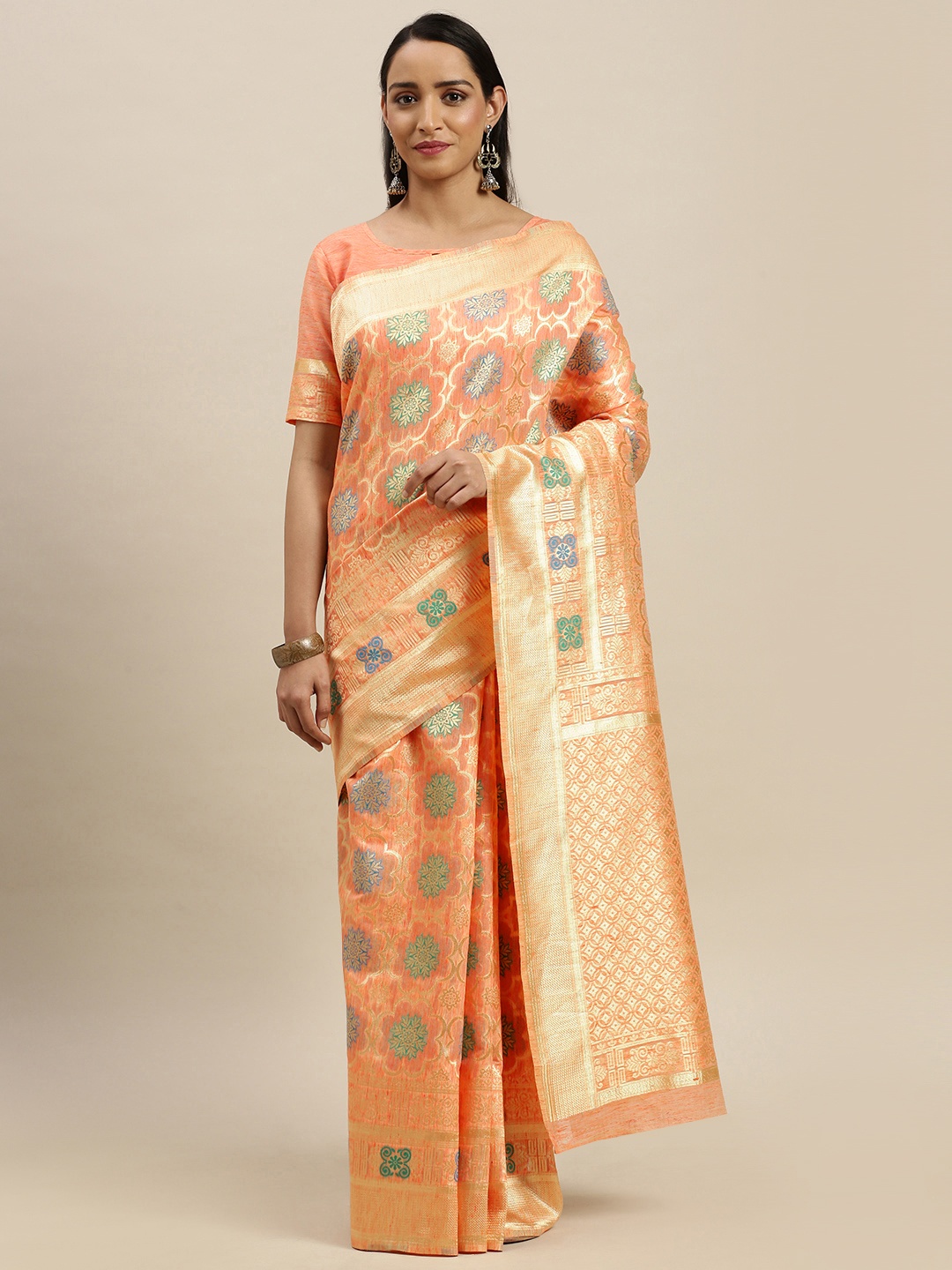 

Mitera Orange & Blue Woven Design Maheshwari Celebrity Saree