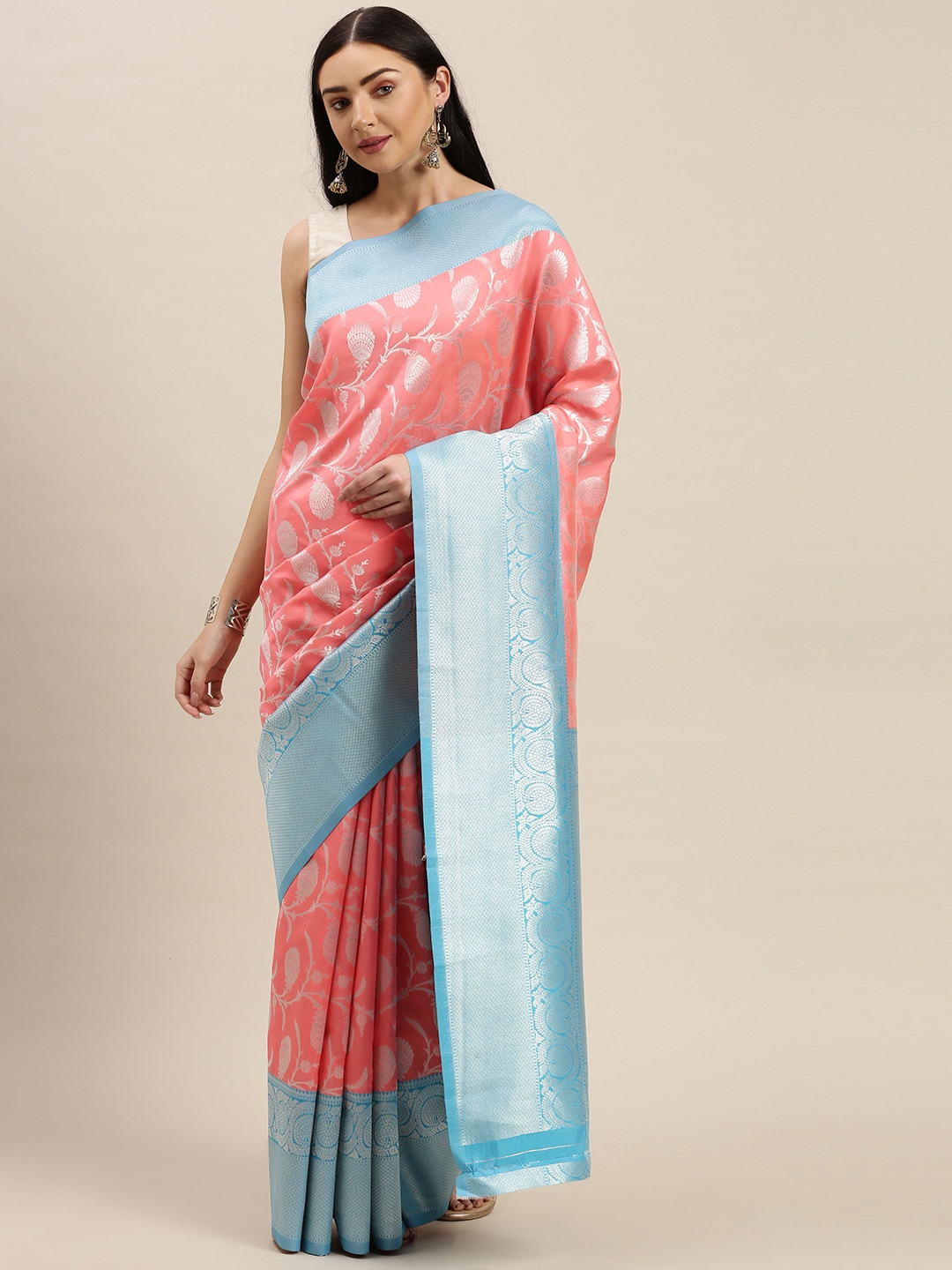 

Mitera Peach-Coloured & Silver-Toned Pure Silk Woven Design Kota Saree