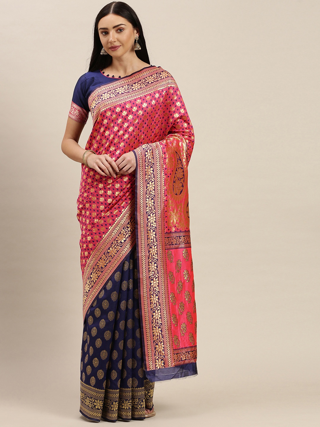 

Mitera Pink & Navy Blue Woven Design Dharmavaram Saree