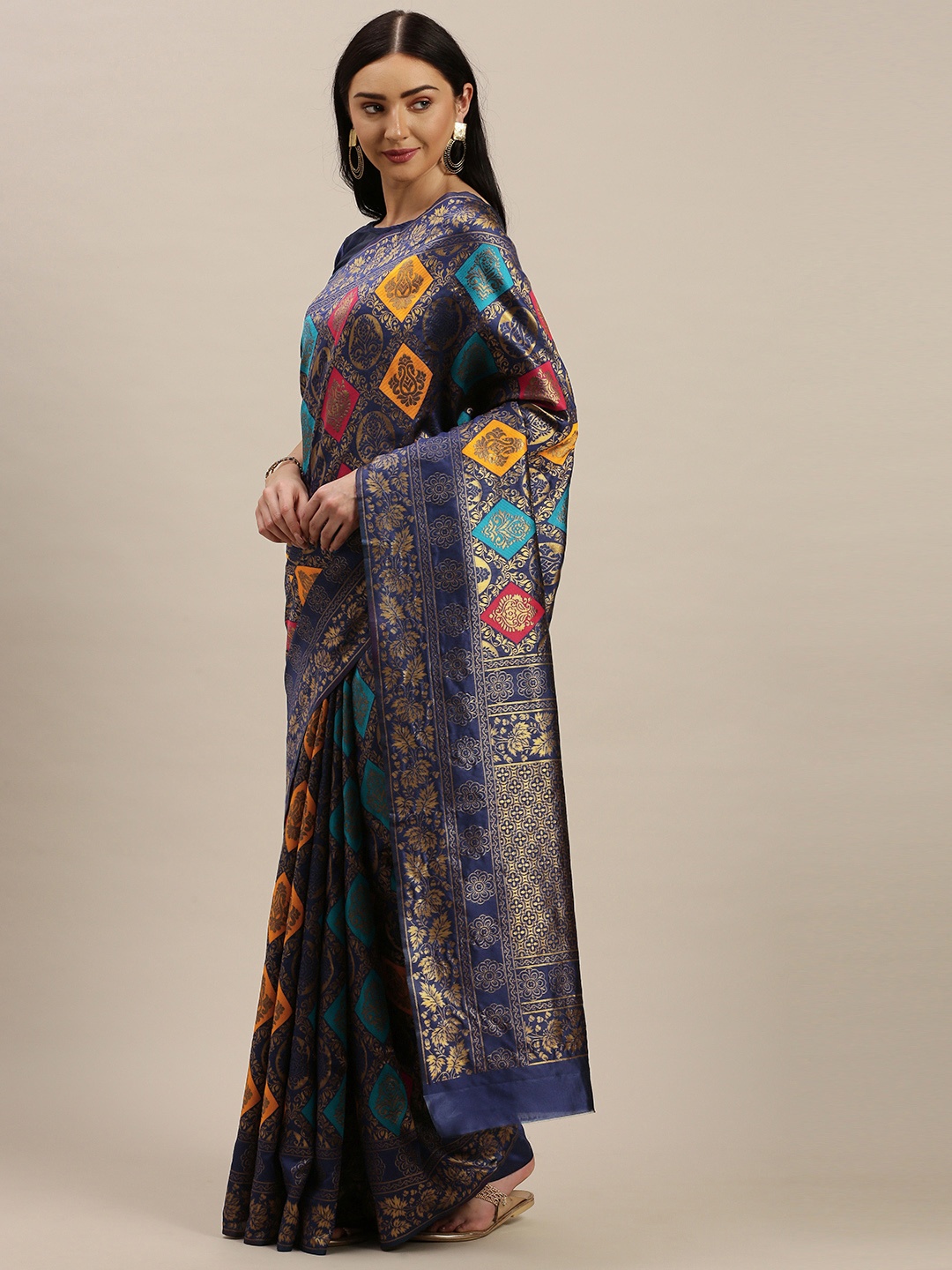 

Mitera Navy Blue & Gold-Toned Silk Blend Woven Design Maheshwari Saree