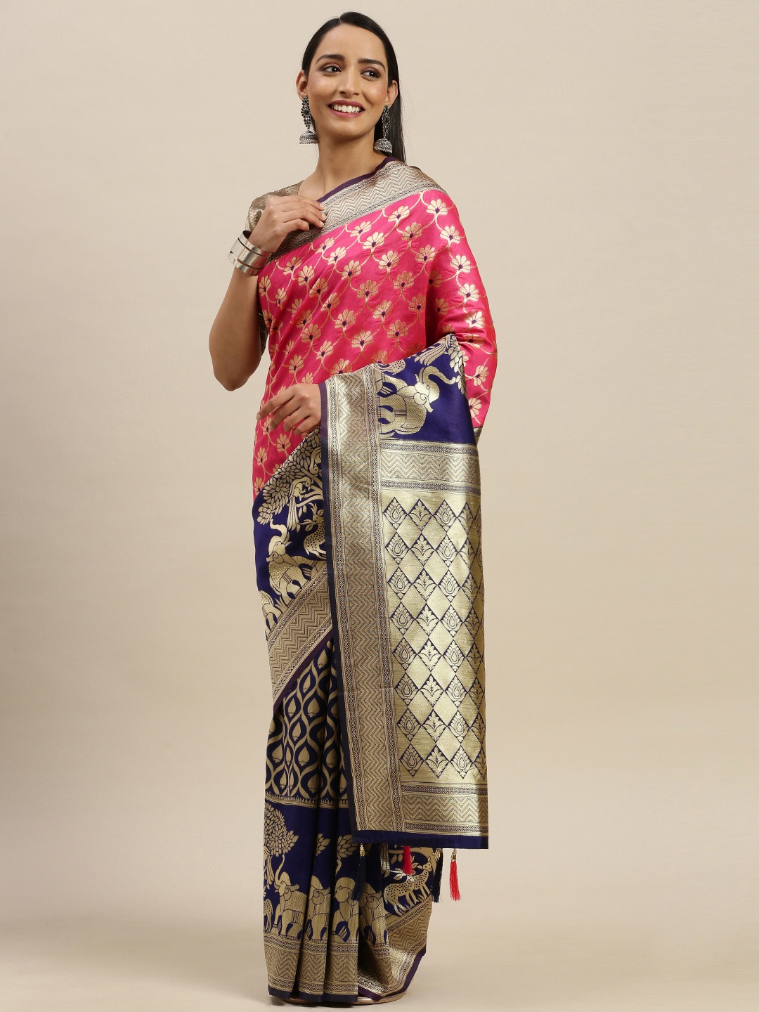 

Mitera Pink & Gold-Toned Silk Blend Woven Design Maheshwari Saree