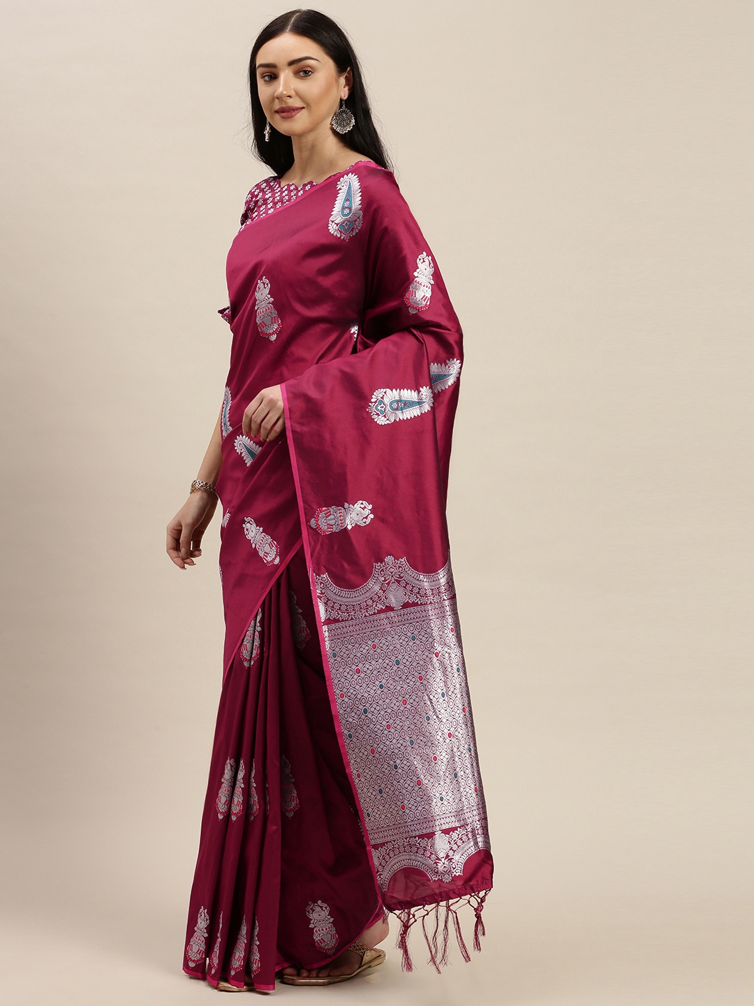 

Mitera Magenta Pink & Silver-Toned Silk Cotton Woven Design Banarasi Saree