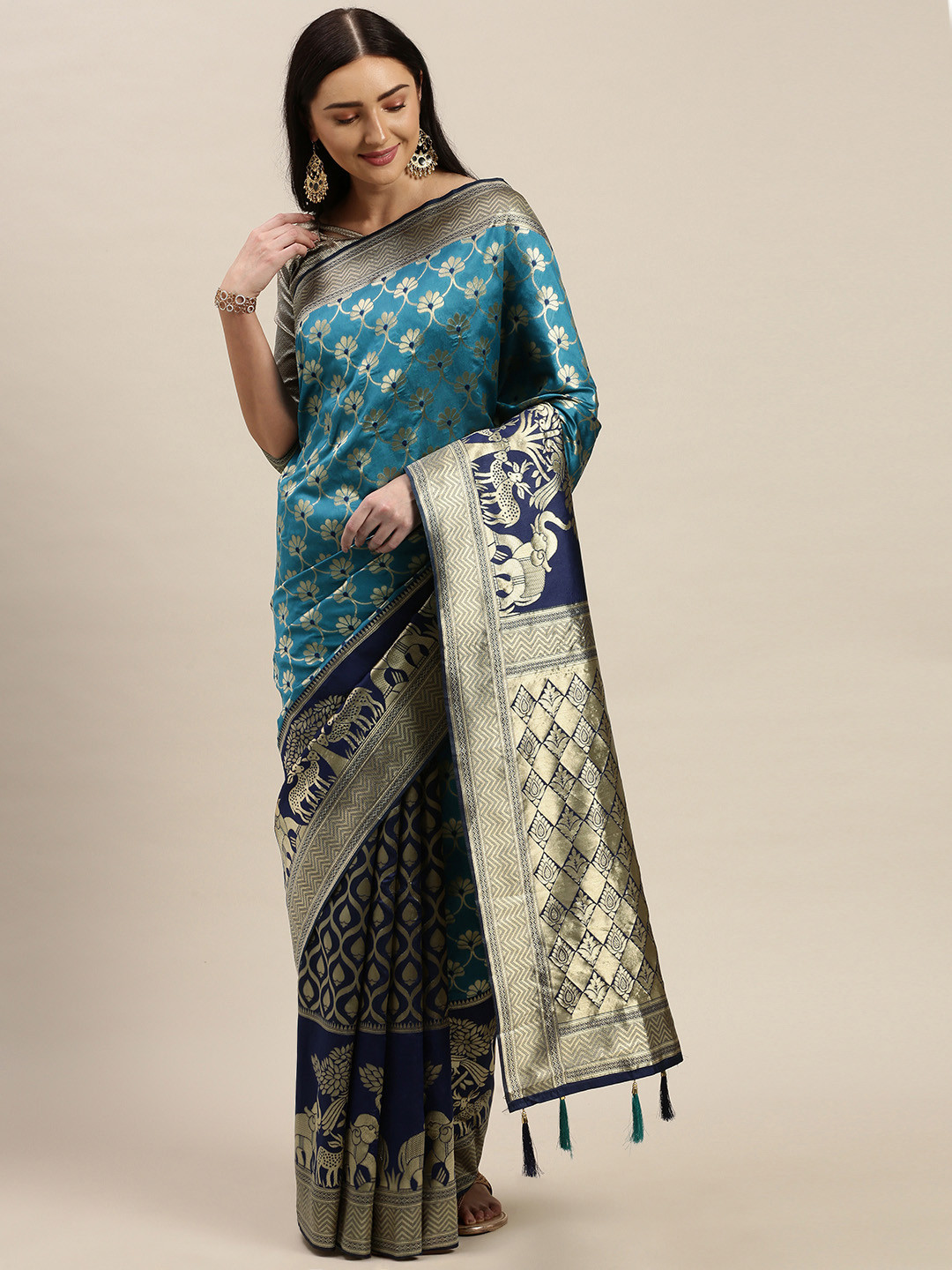 

Mitera Teal Blue & Gold-Toned Silk Cotton Woven Design Maheshwari Saree