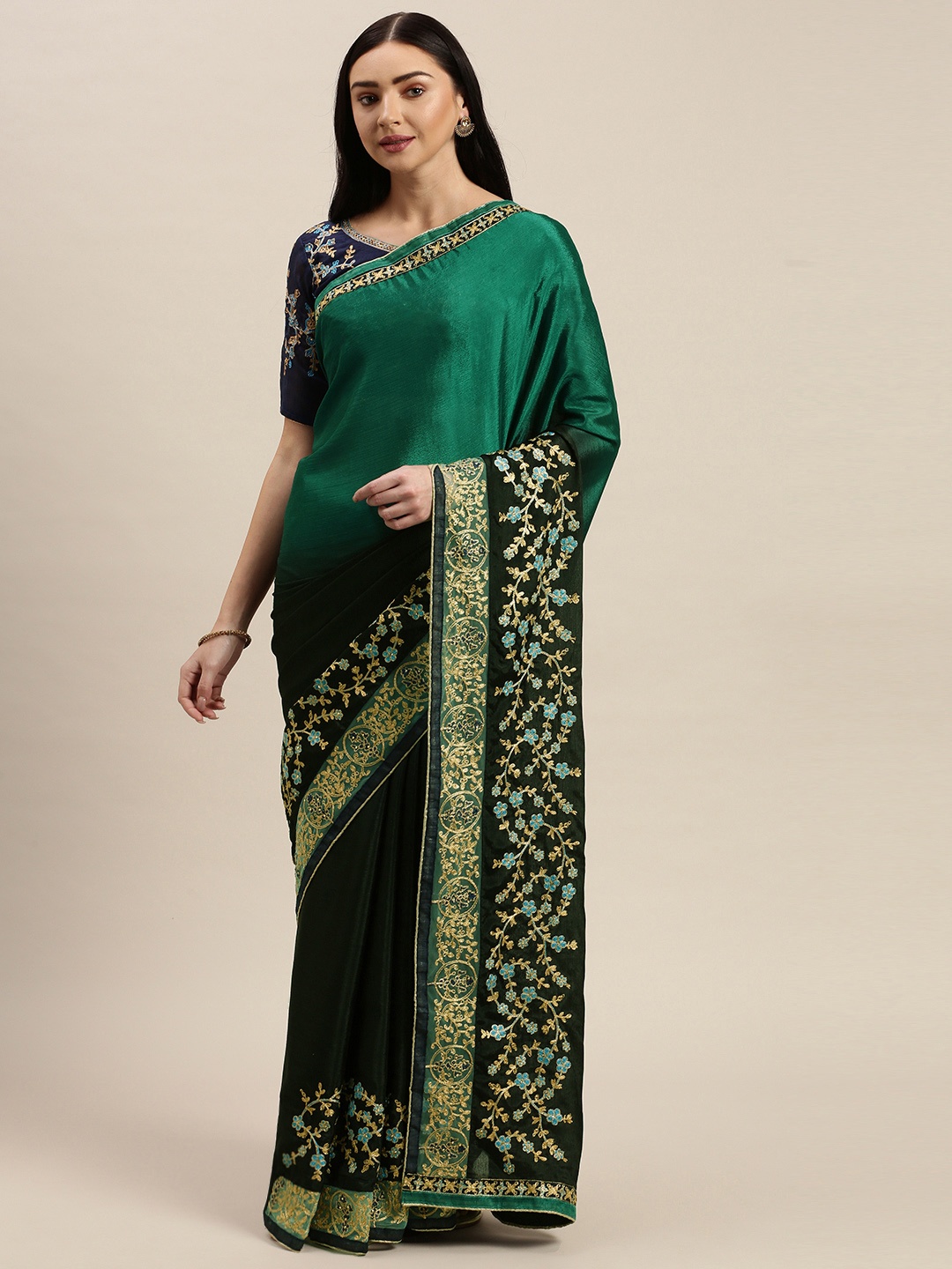 

Mitera Black & Green Poly Georgette Embroidered Saree