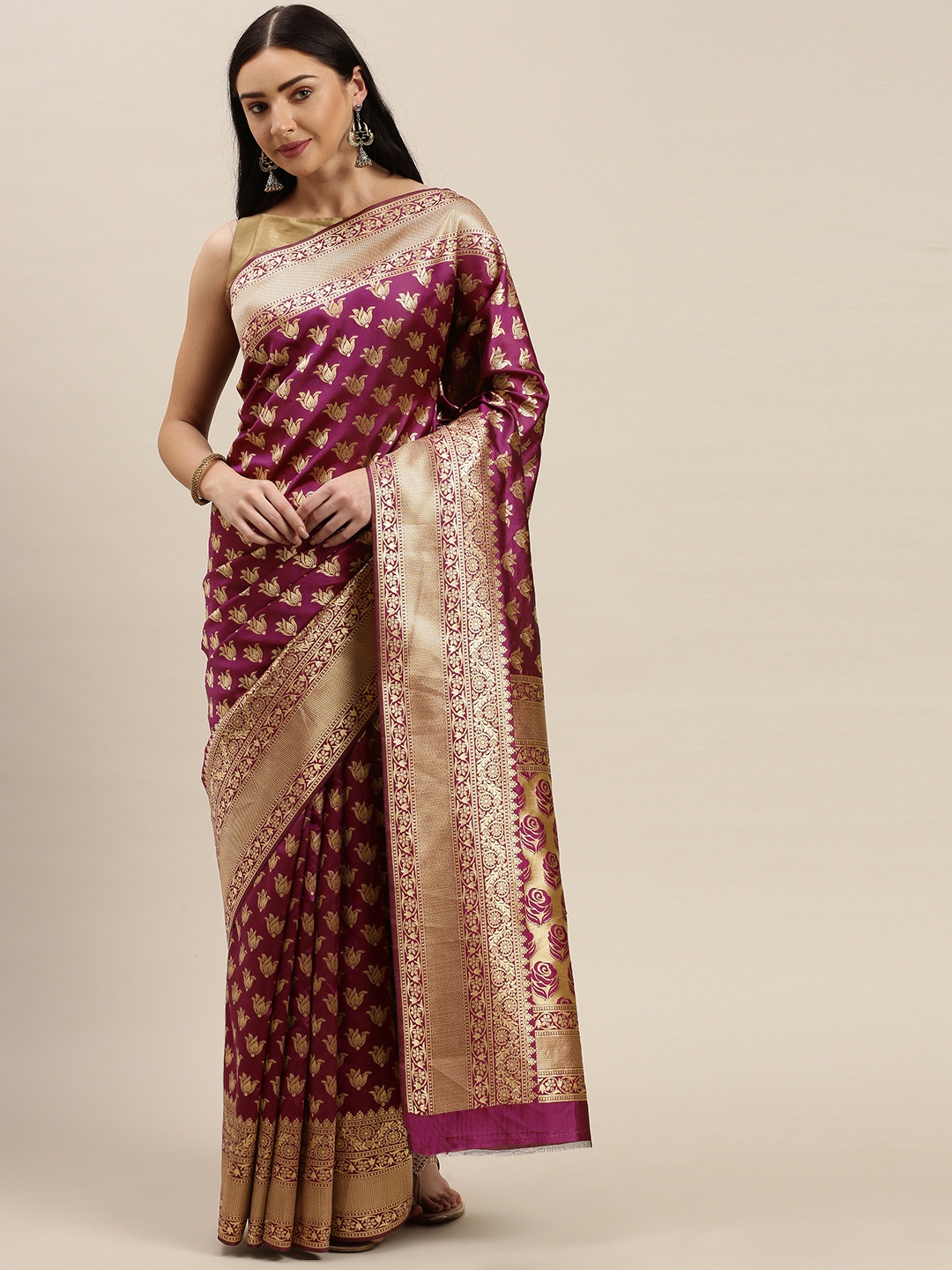 

Mitera Magenta Pink & Gold-Toned Silk Cotton Woven Design Kanjeevaram Saree