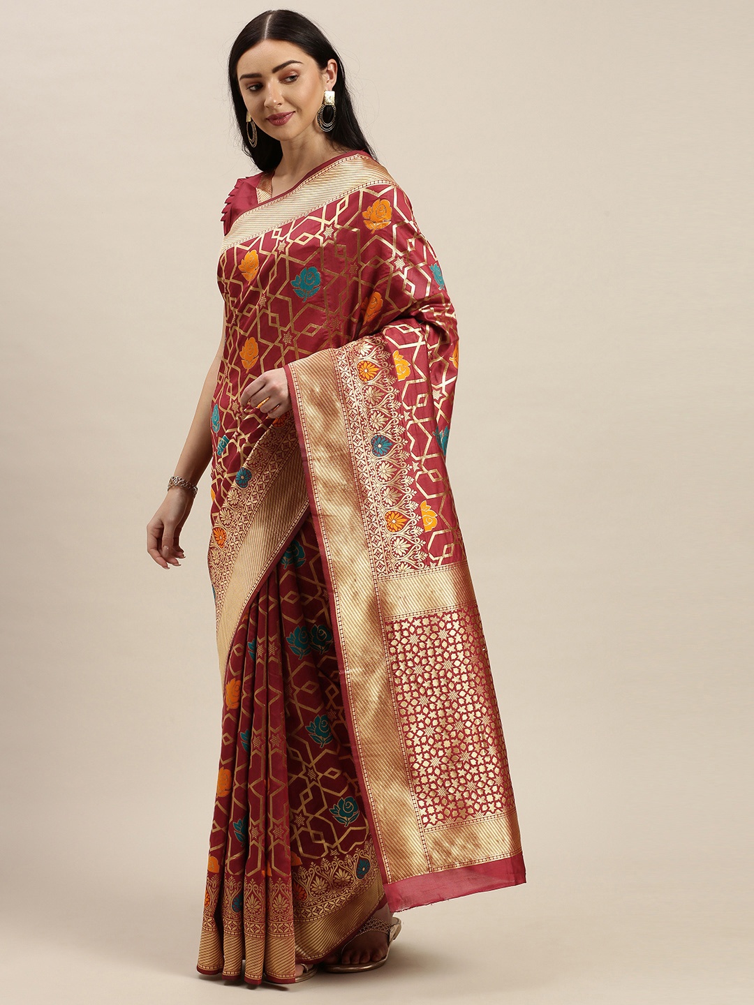 

Mitera Maroon & Gold-Toned Art Silk Woven Design Kanjeevaram Saree