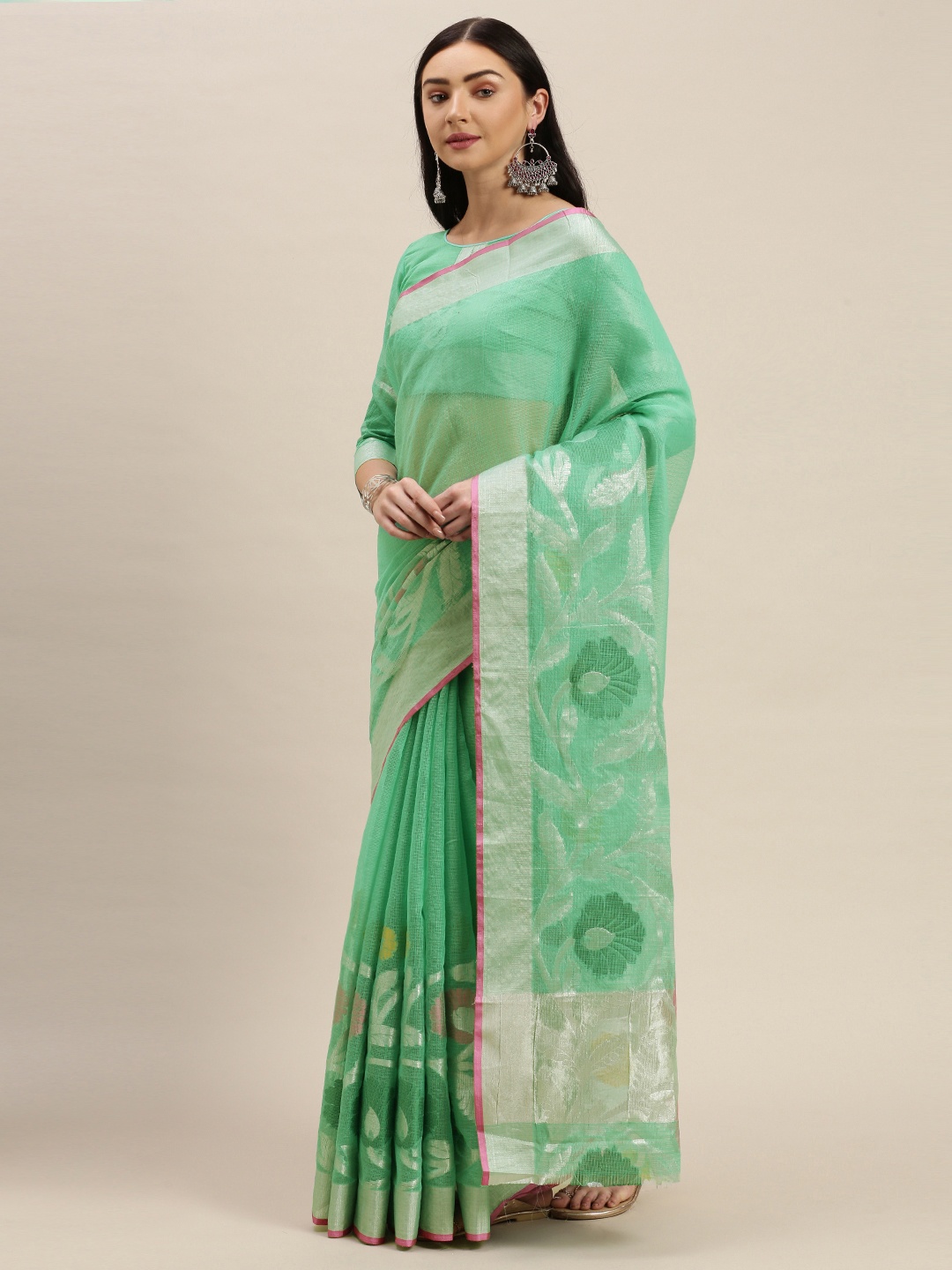 

Mitera Sea Green & Silver-Coloured Polycotton Woven Design Chanderi Saree