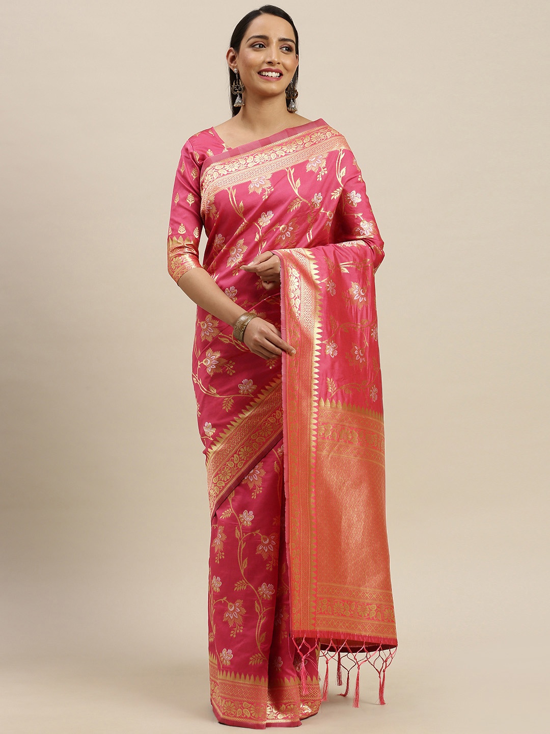 

Mitera Pink & Gold-Coloured Woven Design Kasavu Saree