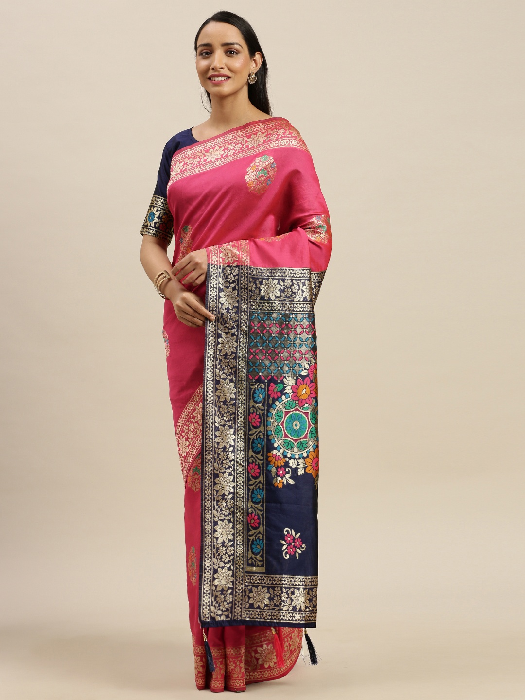 

Mitera Pink & Gold-Toned Art Silk Woven Design Saree