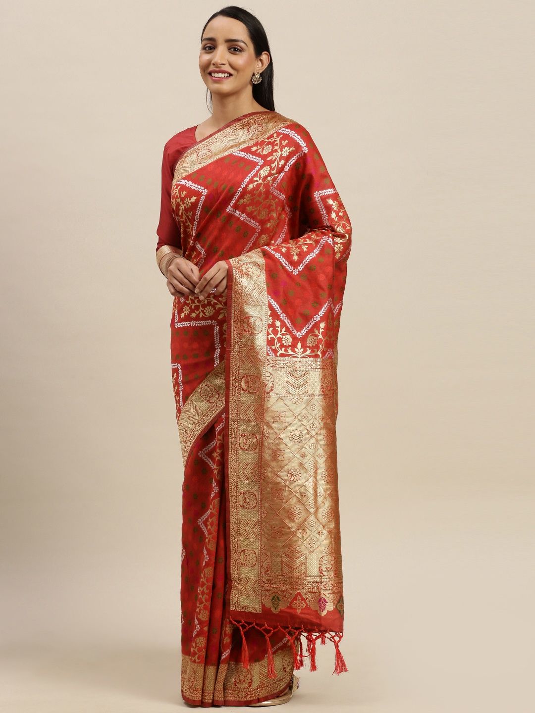 

Mitera Red & Golden Art Silk Woven Design Saree