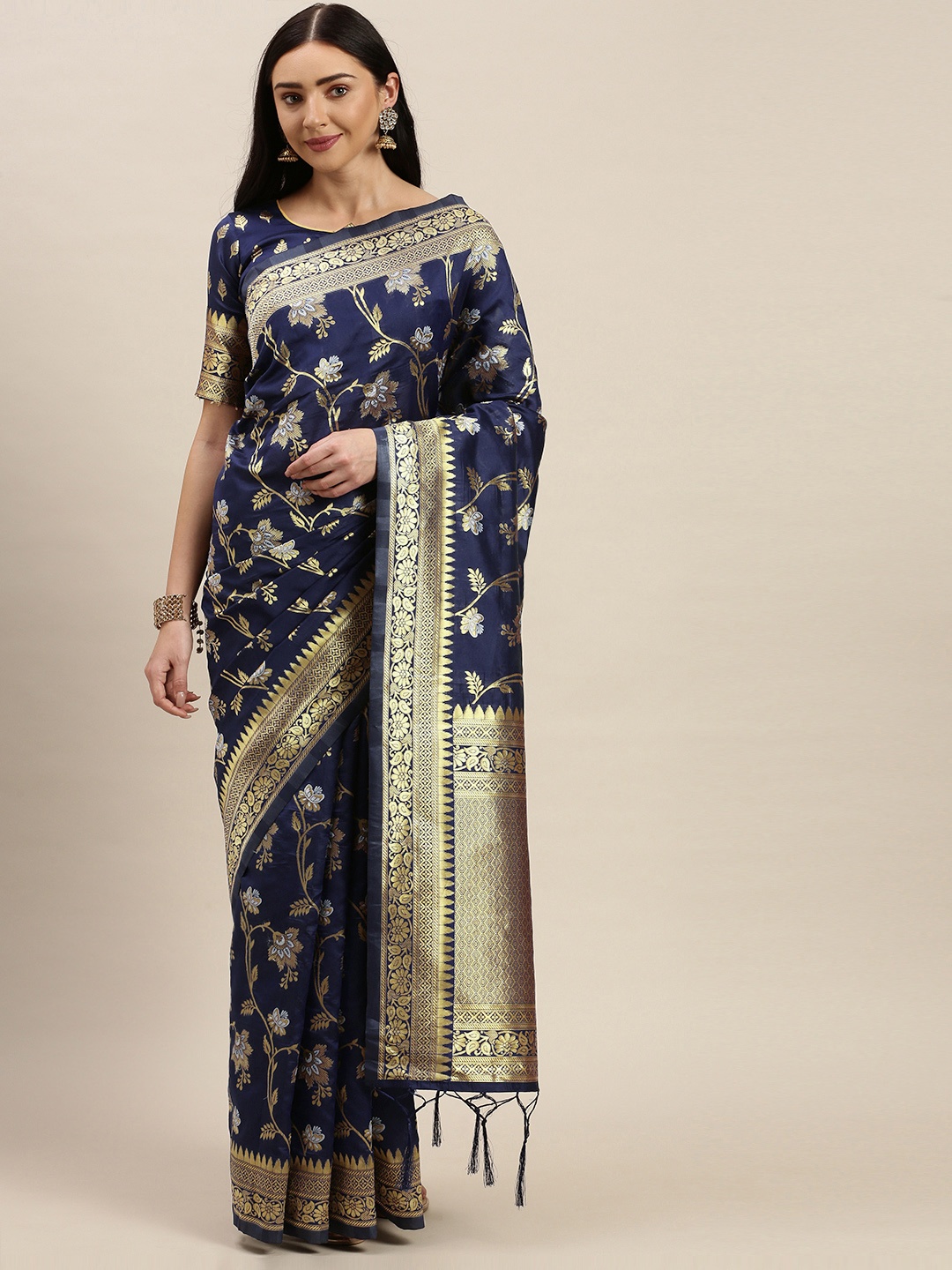 

Mitera Navy Blue & Gold-Toned Woven Design Saree