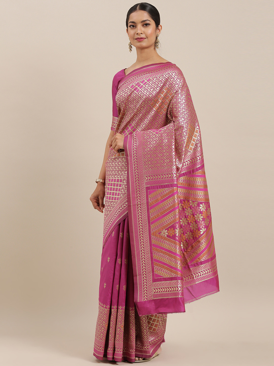 

Mitera Pink & Gold-Toned Woven Design Maheshwari Saree