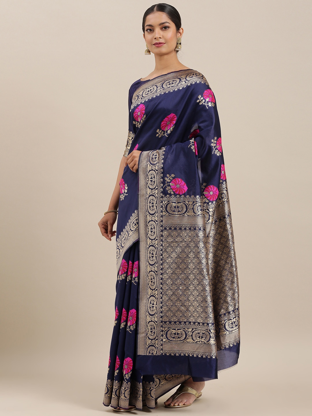 

Mitera Navy Blue & Pink Silk Blend Woven Design Maheshwari Saree