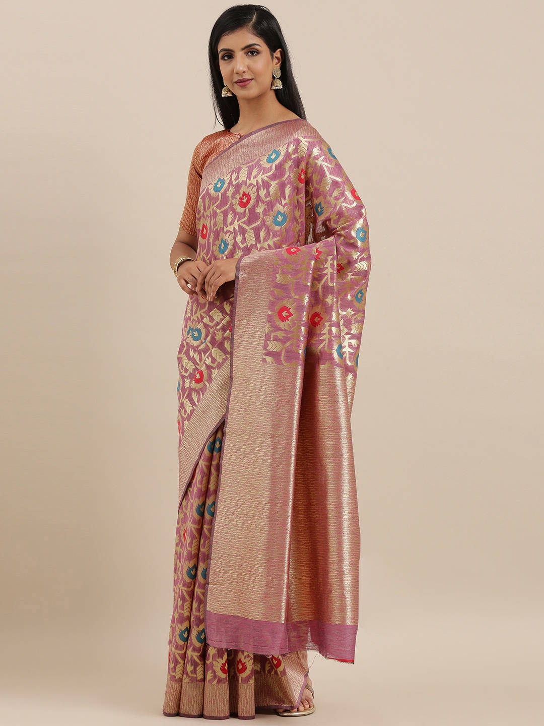 

Mitera Purple & Gold-Toned Silk Cotton Woven Design Kanjeevaram Saree
