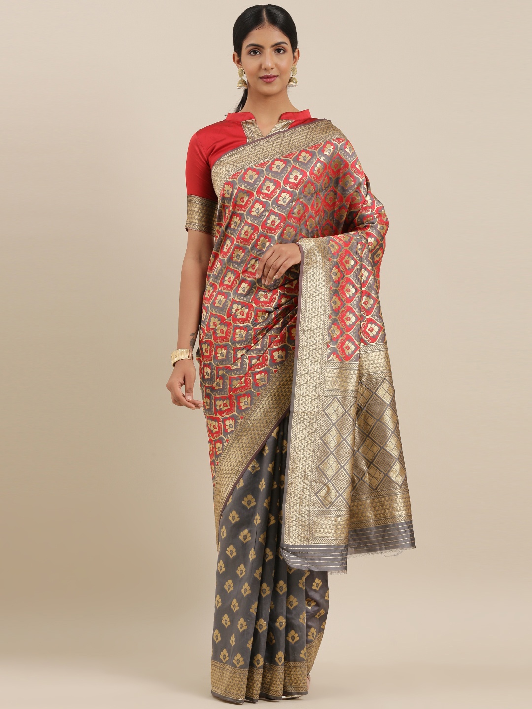 

Mitera Grey & Red Woven Design Kanjeevaram Half & Half Saree