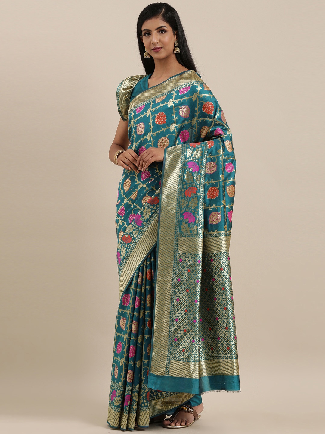 

Mitera Teal Blue & Golden Art Silk Woven Design Kanjeevaram Saree