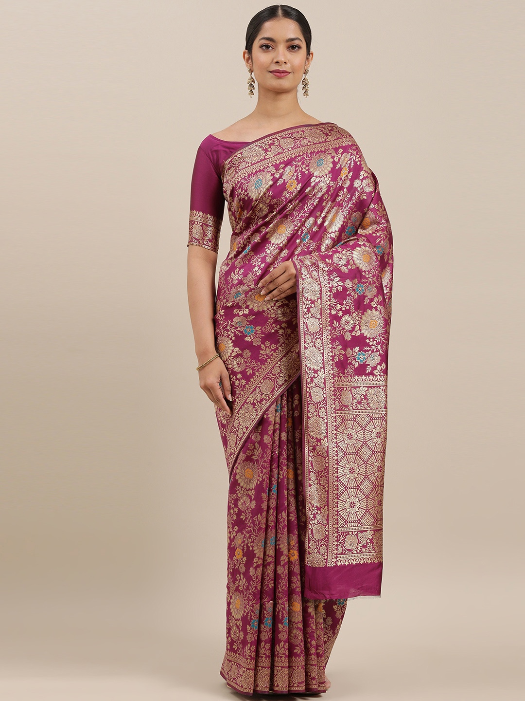 

Mitera Burgundy & Gold-Coloured Woven Design Kasavu Saree