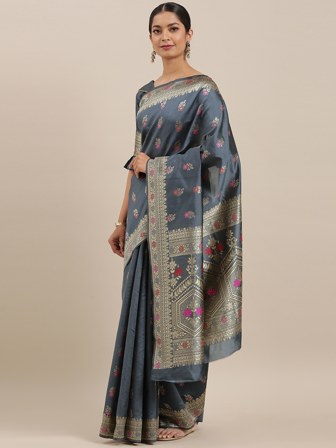 

Mitera Grey & Gold-Toned Woven Design Kasavu Saree