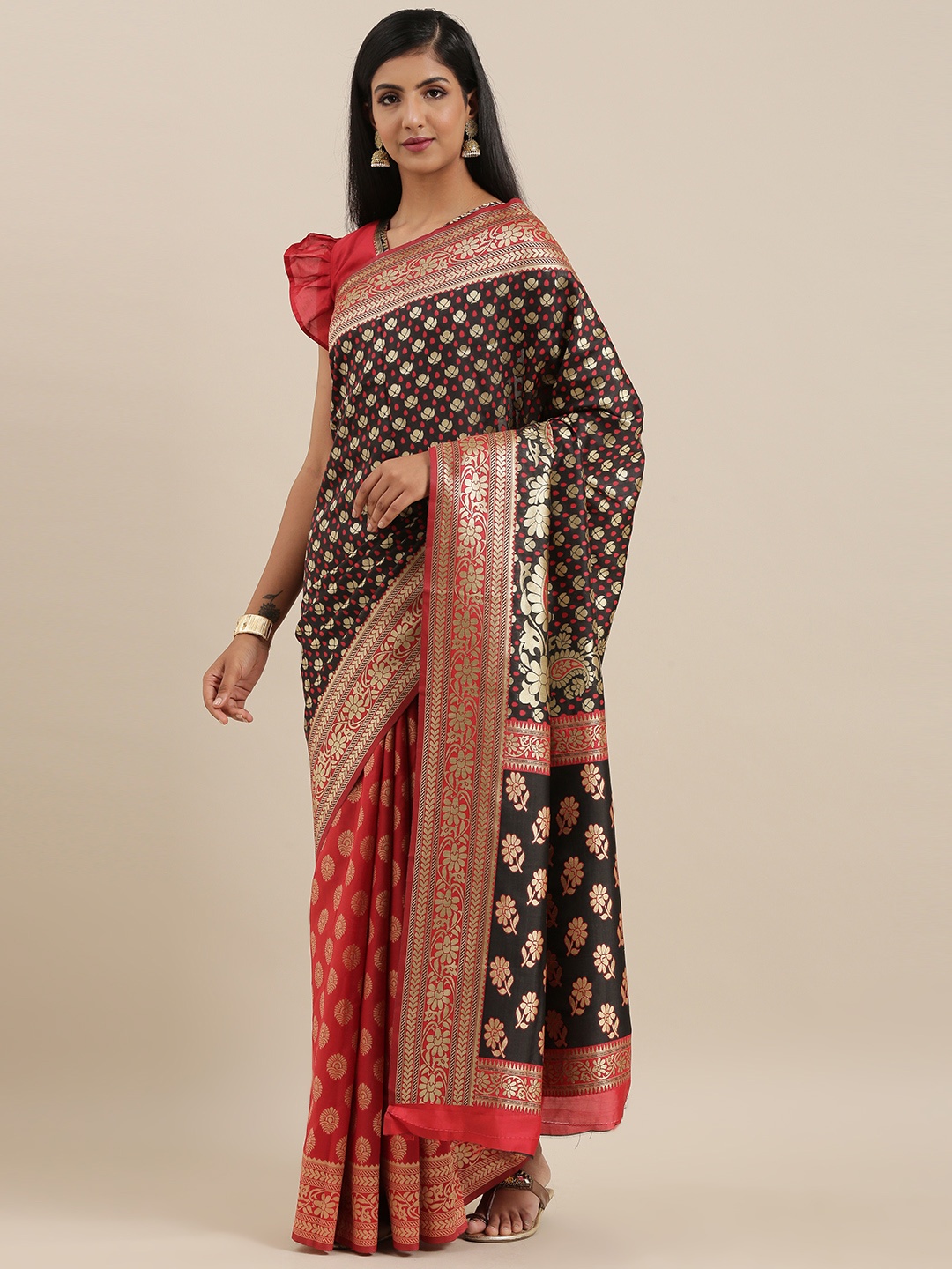 

Mitera Black & Red Woven Design Dharmavaram Half & Half Saree