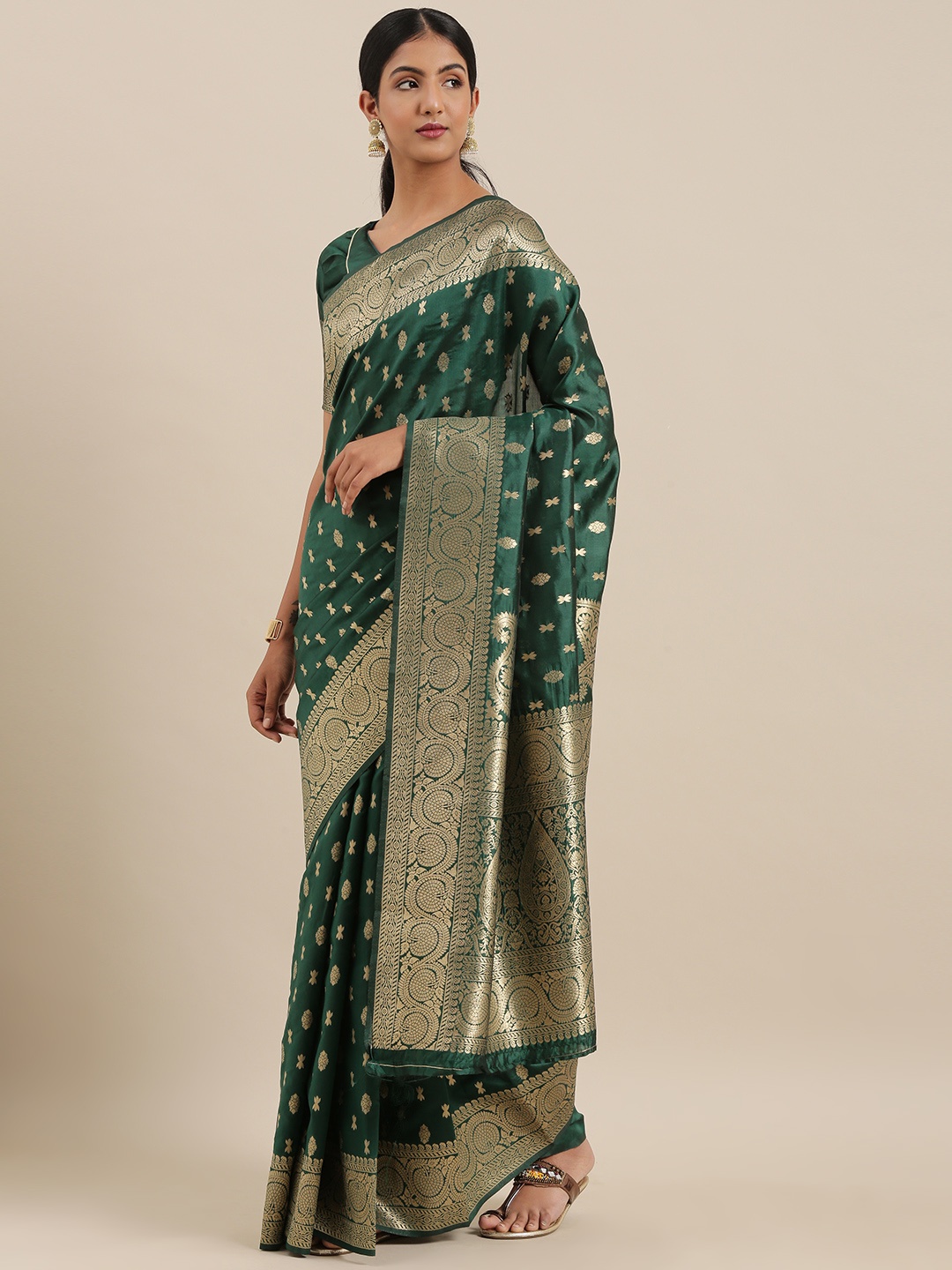 

Mitera Green & Gold-Toned Pure Silk Woven Design Kota Saree