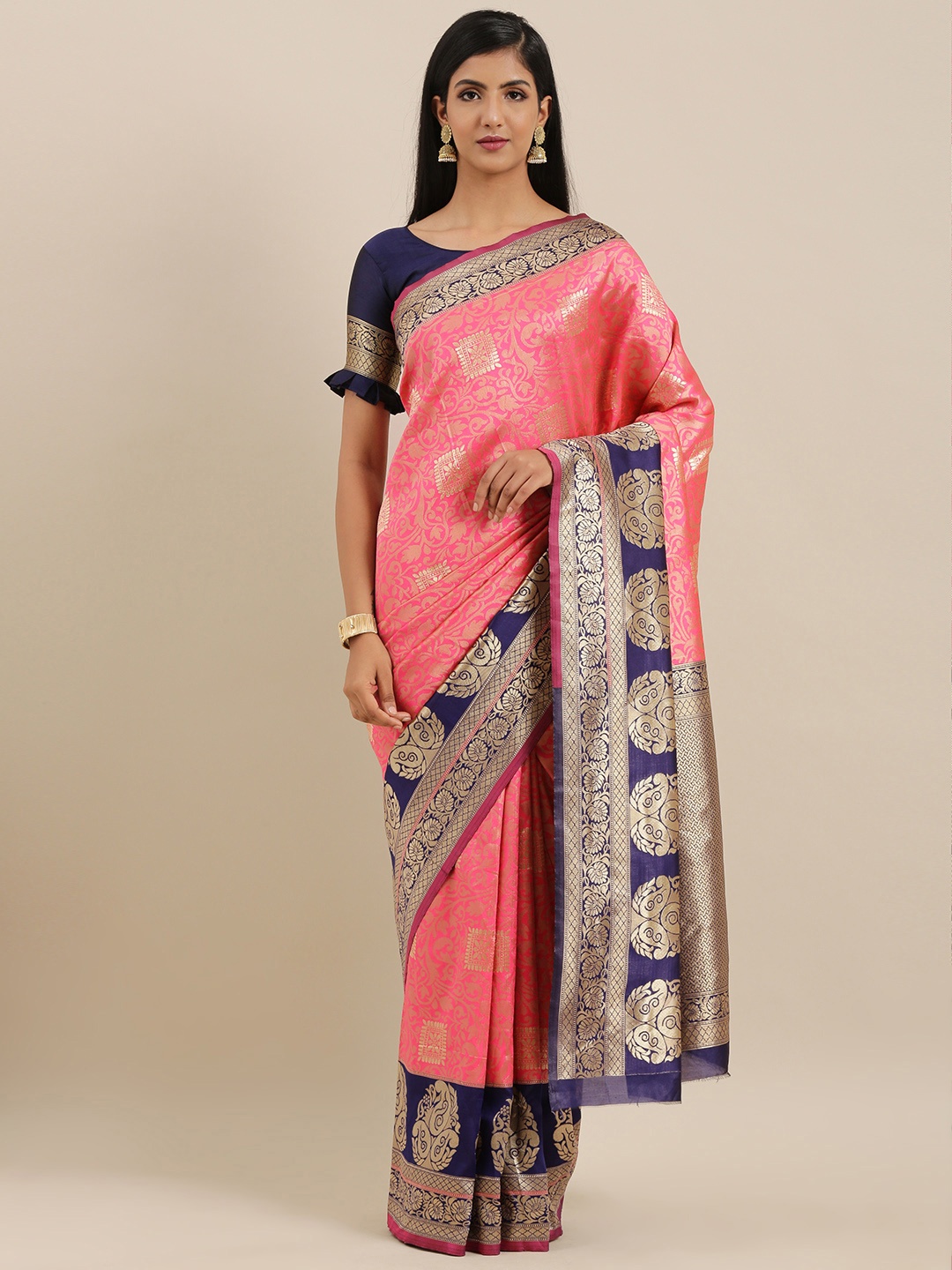 

Mitera Pink Silk Blend Woven Design Maheshwari Saree