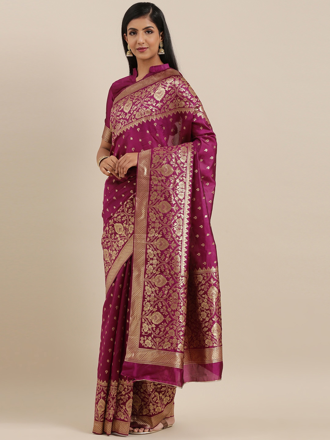 

Mitera Magenta Pink & Golden Silk Blend Woven Design Banarasi Saree