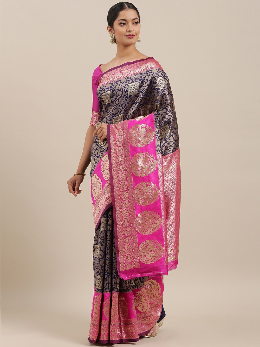 

Mitera Navy Blue & Pink Silk Blend Woven Design Maheshwari Saree