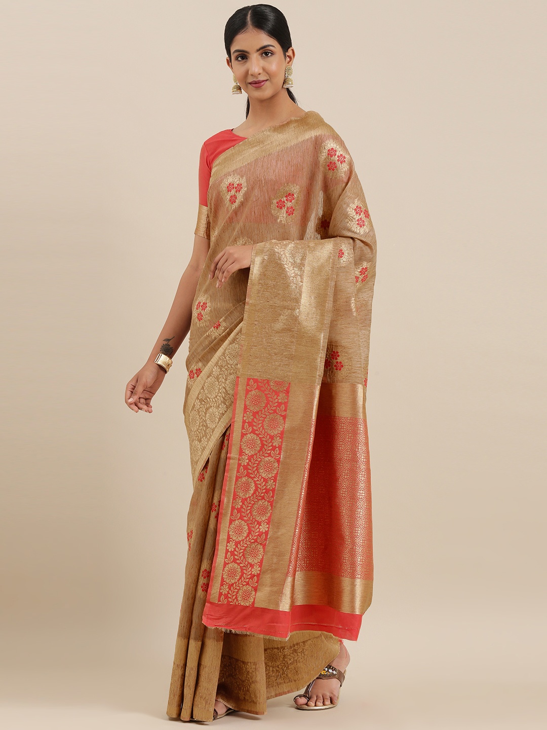 

Mitera Brown & Red Silk Cotton Woven Design Maheshwari Saree