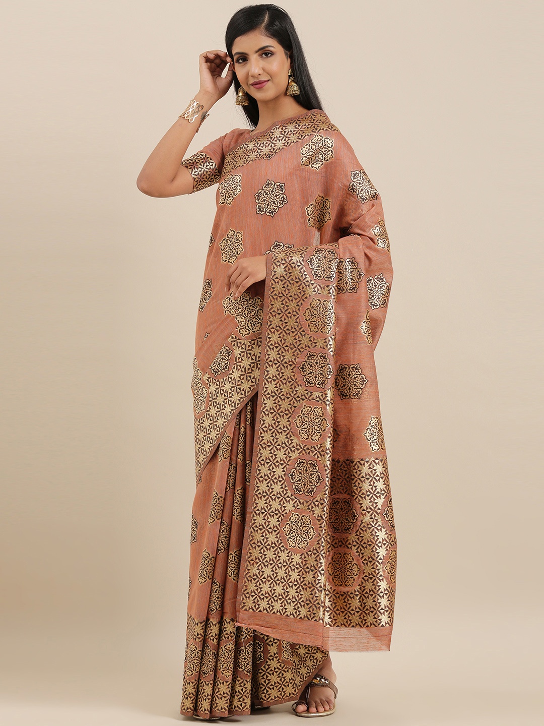 

Mitera Brown & Gold-Toned Silk Cotton Woven Design Kanjeevaram Saree