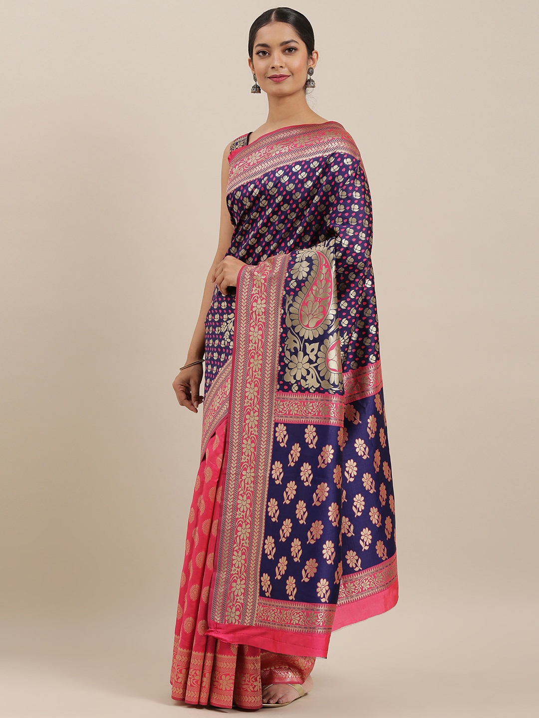 

Mitera Navy Blue & Coral Pink Woven Design Dharmavaram Half & Half Saree