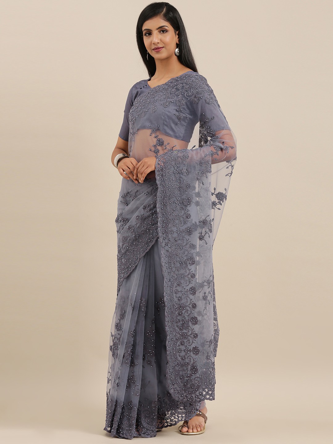 

Mitera Grey Embroidered Net Saree with Beads