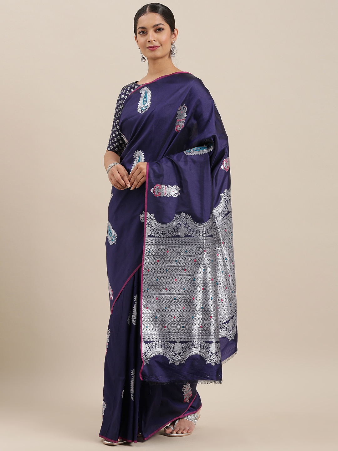 

Mitera Navy Blue & Silver-Toned Woven Design Banarasi Celebrity Saree