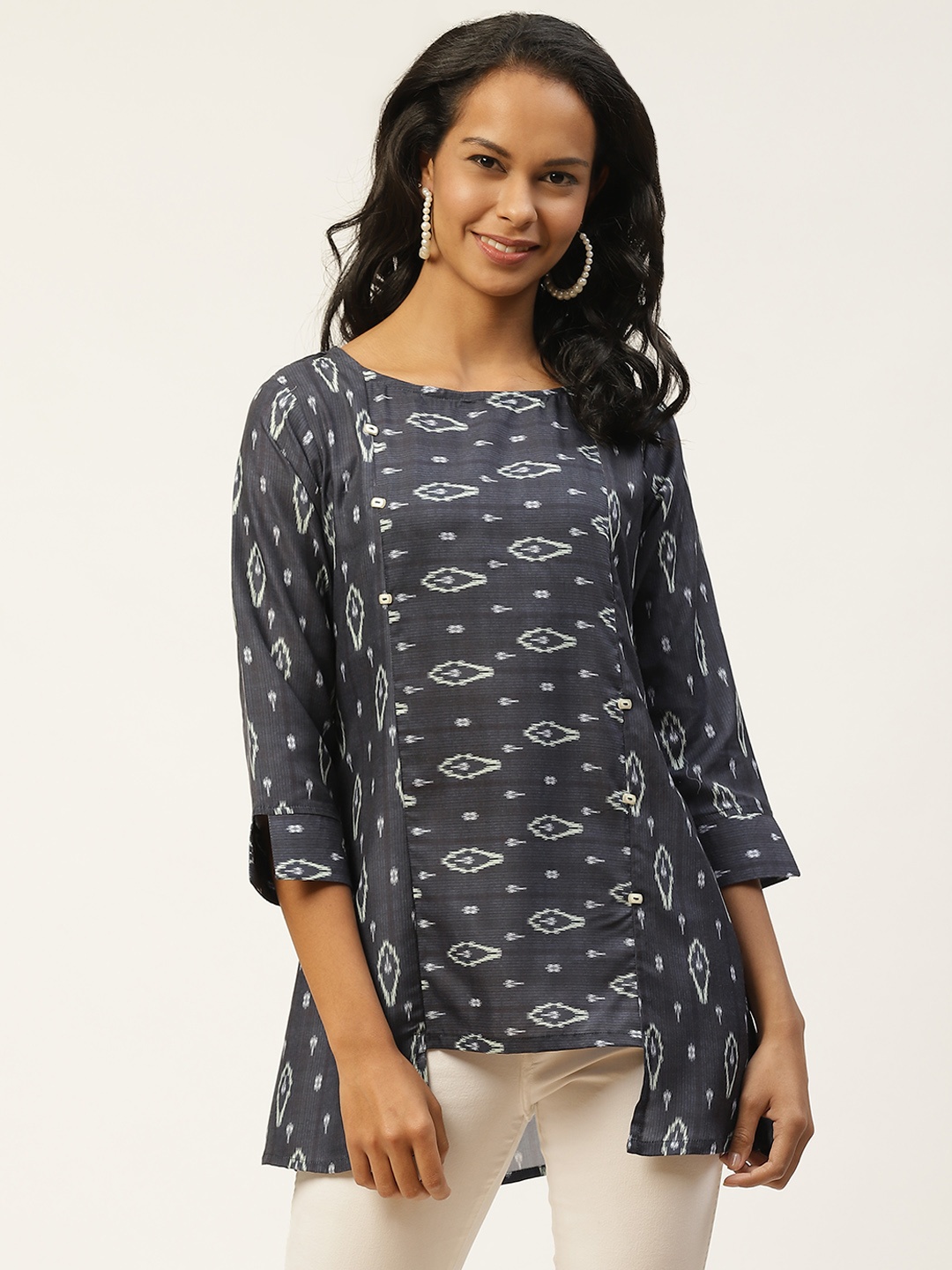 

shiloh Navy & Off-White Ikat Print A-Line Kurti, Navy blue