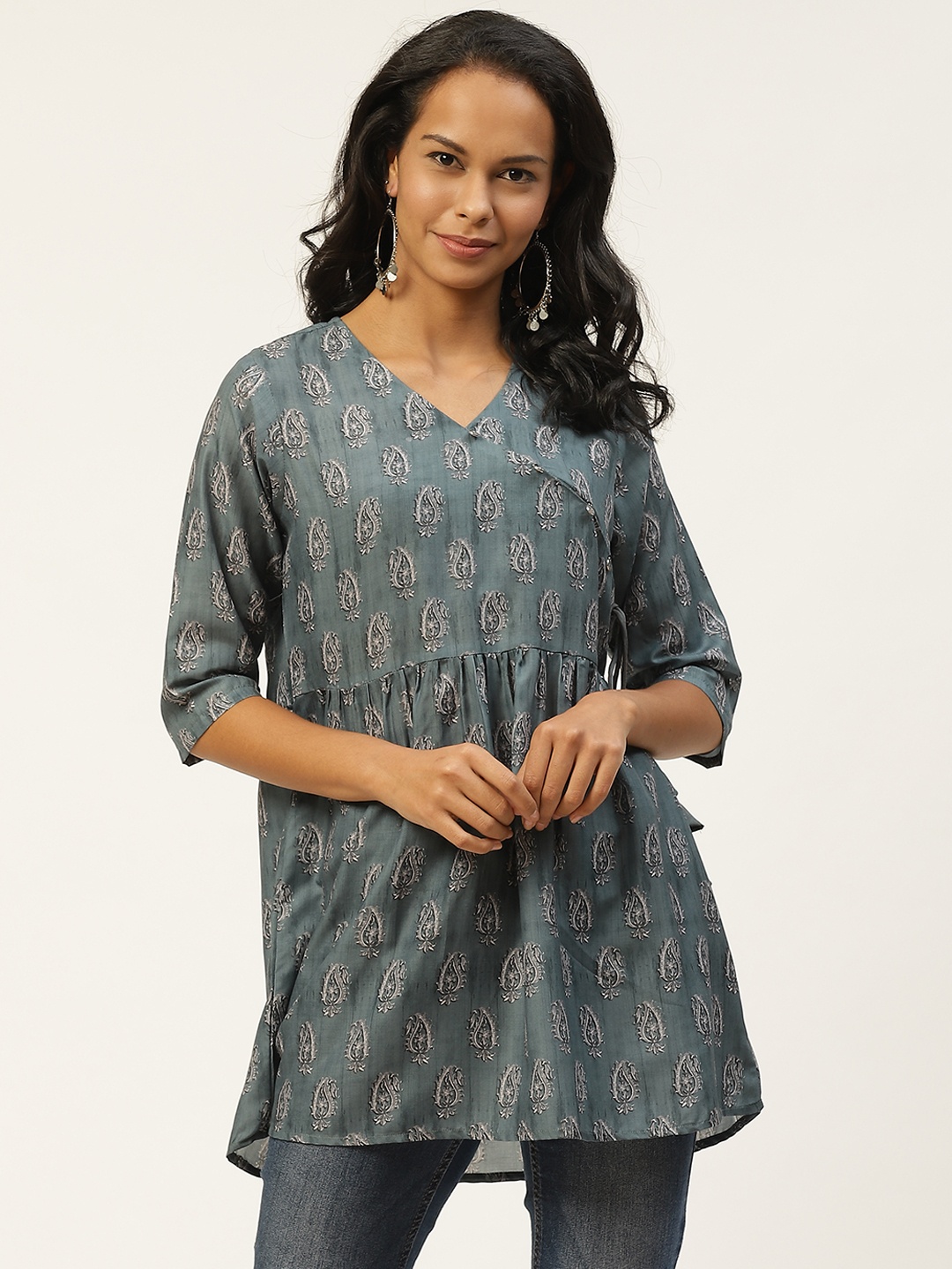 

shiloh Green Ethnic Print Angrakha A-Line Kurti