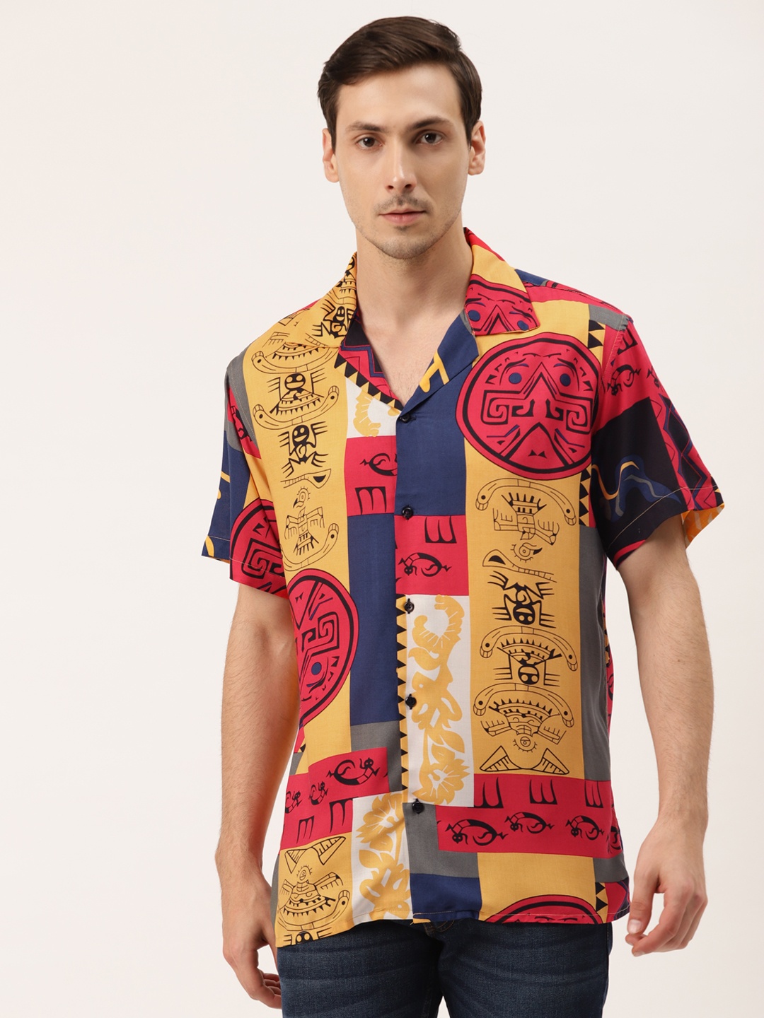 

Hancock Men Mustard Yellow & Red Relaxed Fit Printed Casual Shirt