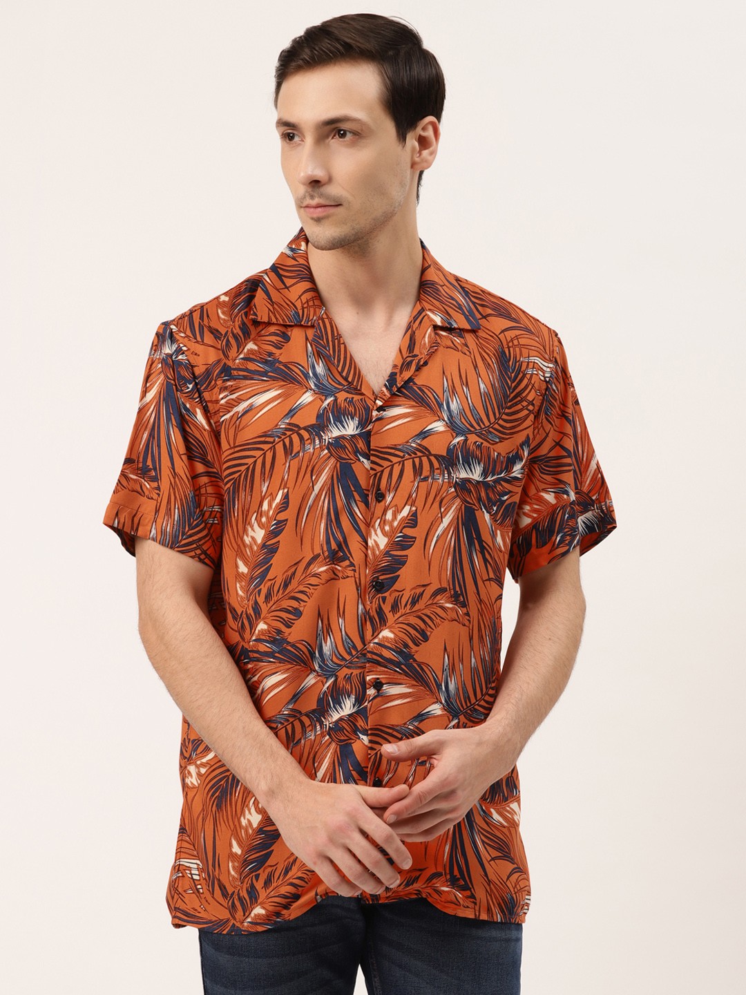 

Hancock Men Orange & Navy Blue Floral Print Relaxed Fit Casual Shirt