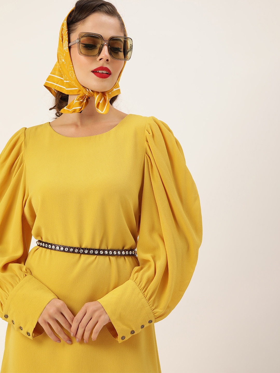 

Vaak Women Yellow Pleated Sleeves Solid A-Line Dress