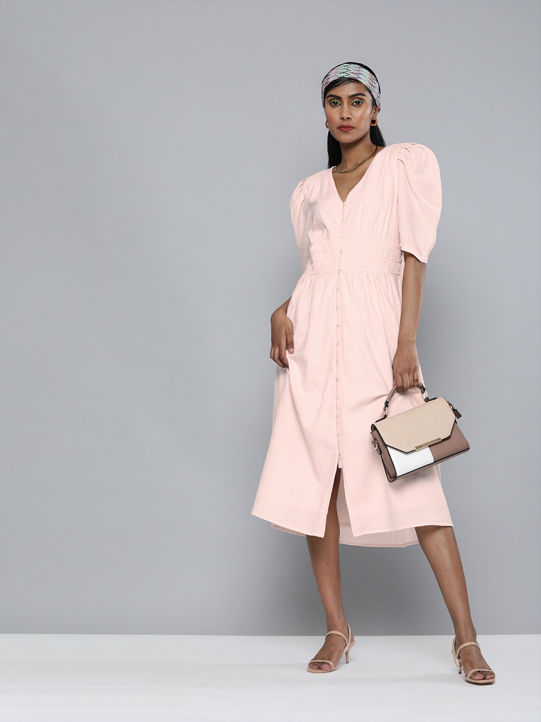 

SCOUP Women Pink Puff Sleeves Solid A-Line Dress