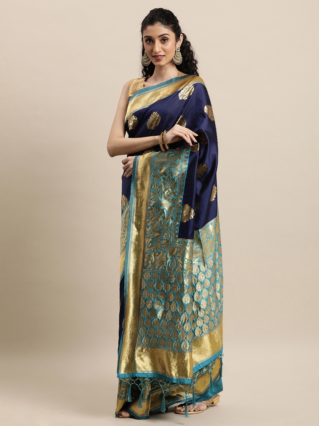 

Mitera Navy Blue & Gold-Toned Ethnic Motifs Zari Silk Blend Banarasi Saree