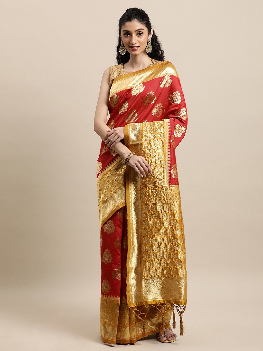 

Mitera Red & Gold-Toned Ethnic Motifs Zari Silk Blend Banarasi Saree