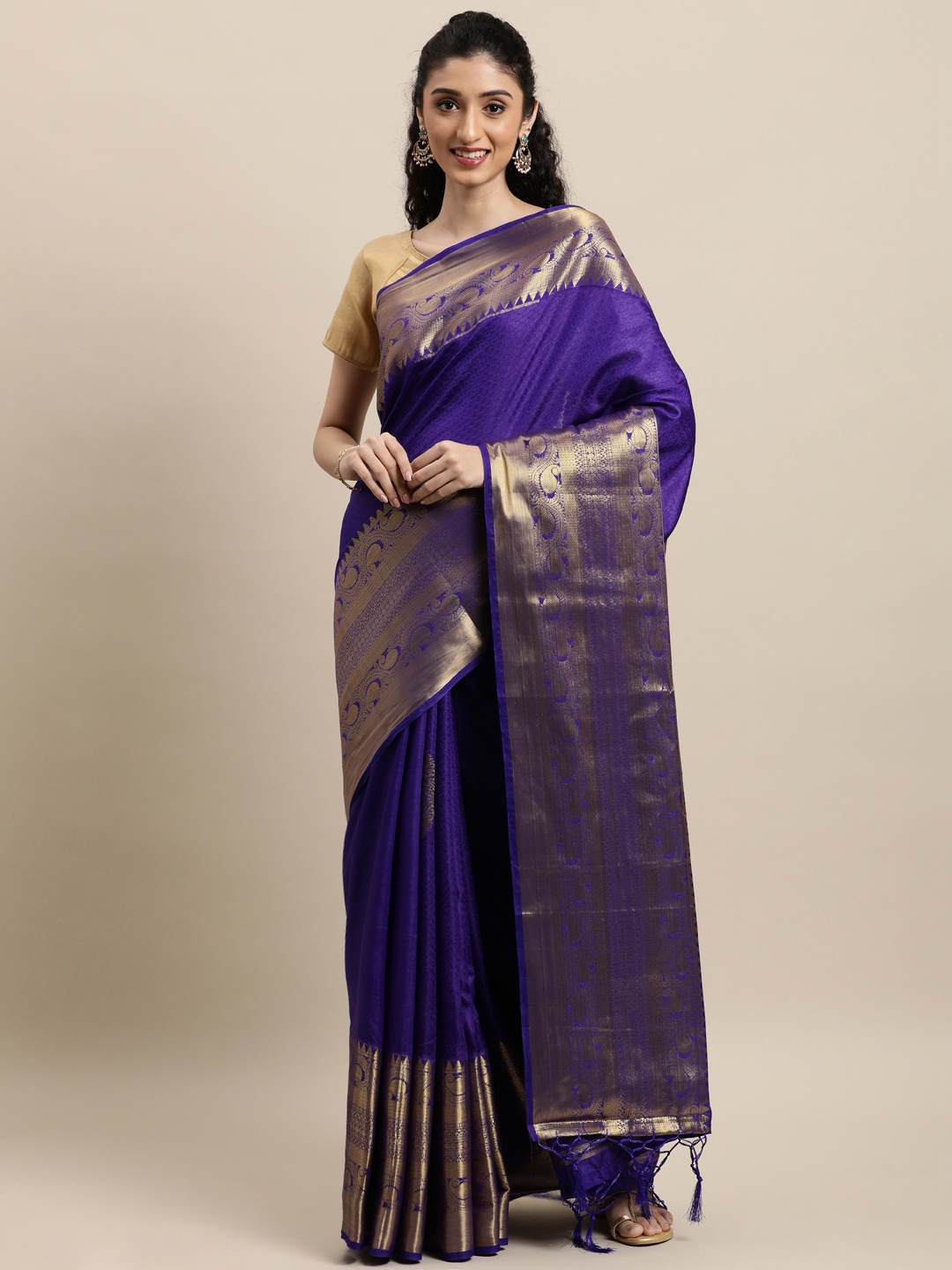 

Mitera Blue & Gold-Toned Ethnic Motifs Zari Silk Blend Banarasi Saree