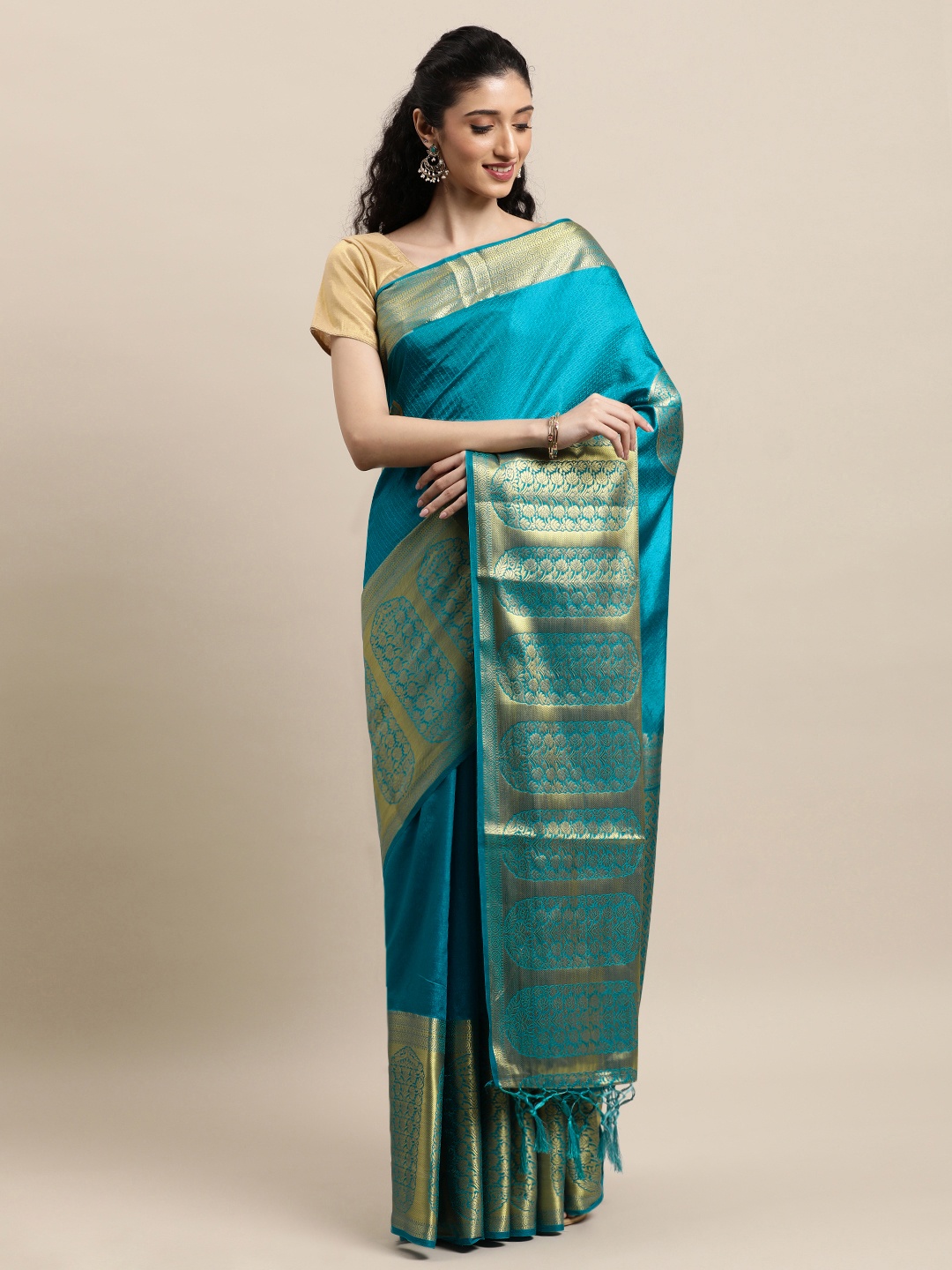 

Mitera Teal & Gold-Toned Woven Design Zari Silk Blend Banarasi Saree