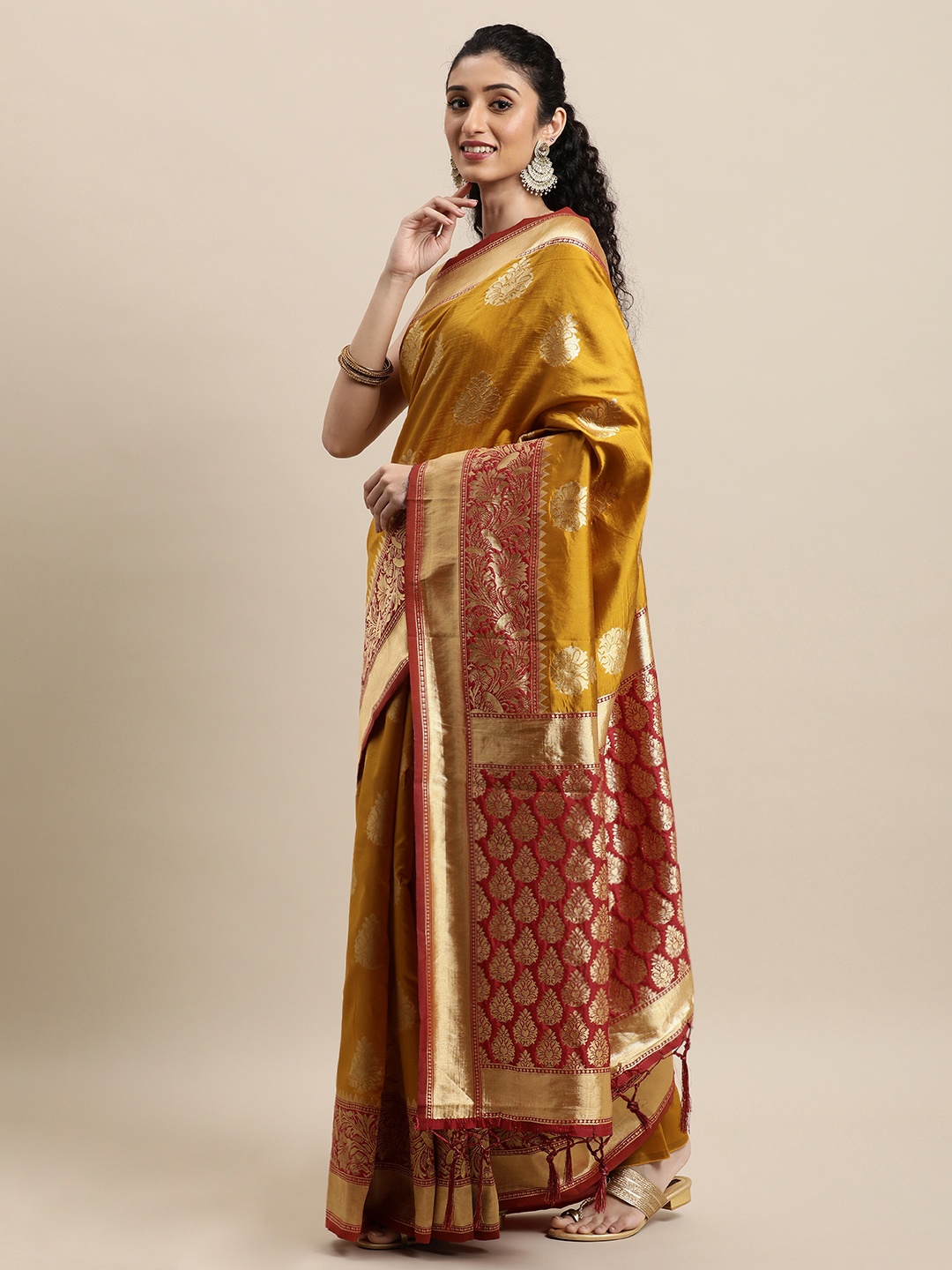 

Mitera Mustard & Red Ethnic Motifs Zari Silk Blend Banarasi Saree
