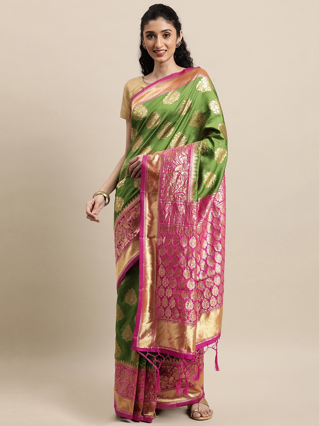 

Mitera Green & Pink Woven Design Zari Silk Blend Banarasi Saree