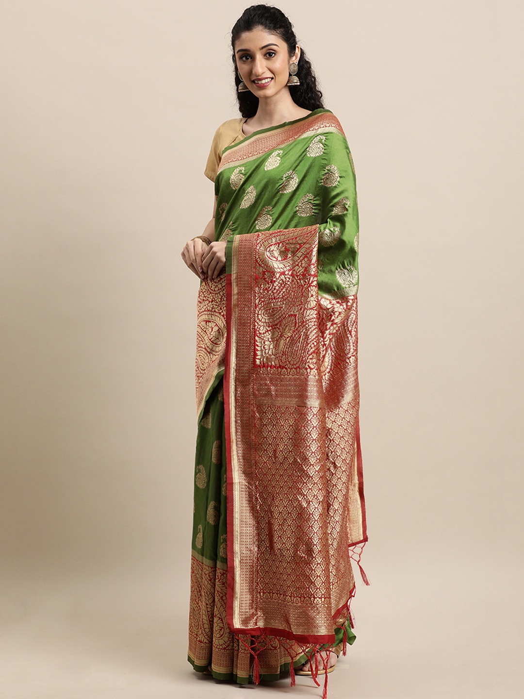 Mitera Green & Red Woven Design Zari Silk Blend Banarasi Saree