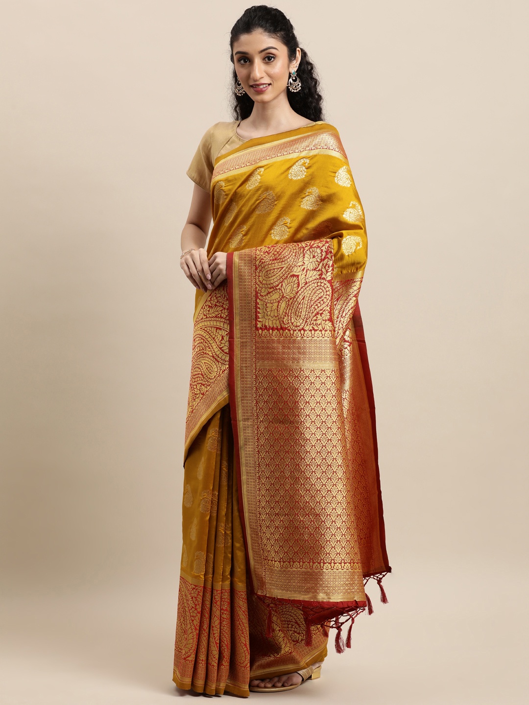 

Mitera Mustard & Rust Ethnic Motifs Zari Silk Blend Banarasi Saree