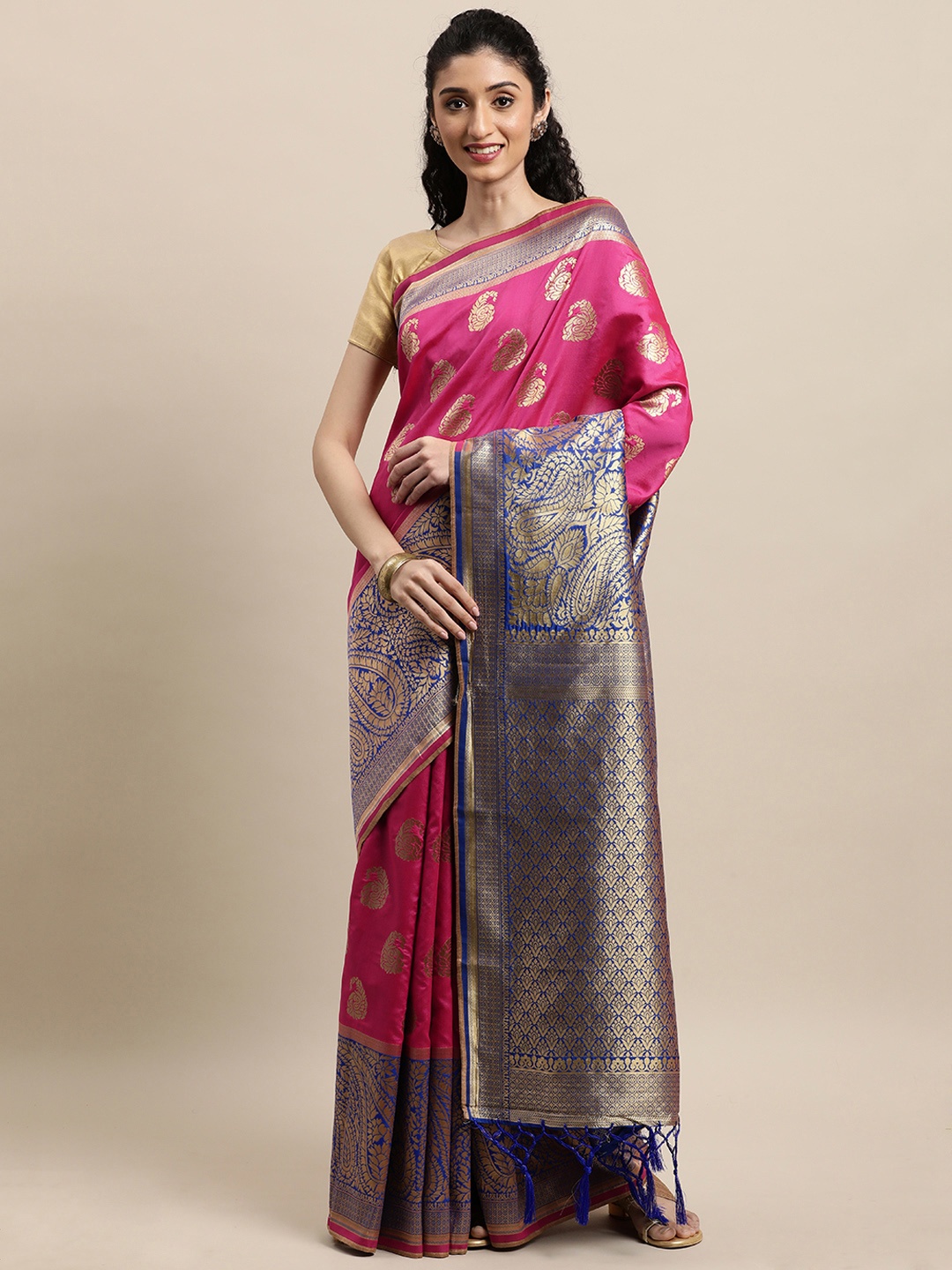 

Mitera Pink & Blue Paisley Zari Silk Blend Banarasi Saree